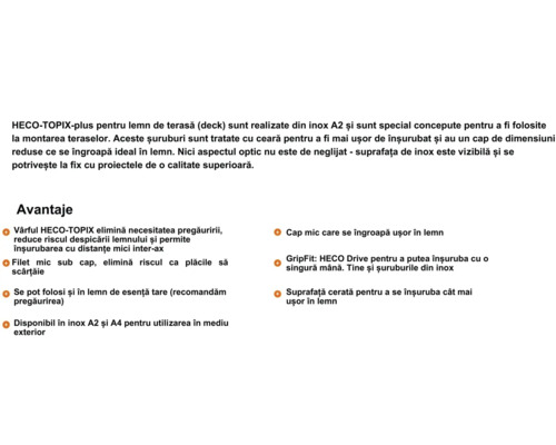 Șuruburi pentru terasă HECO-TOPIX-plus din oțel inoxidabil A2, adecvate pentru construcția de terase. Acestea au un strat de ceară, un cap mic și sunt potrivite pentru lemn de esență tare.