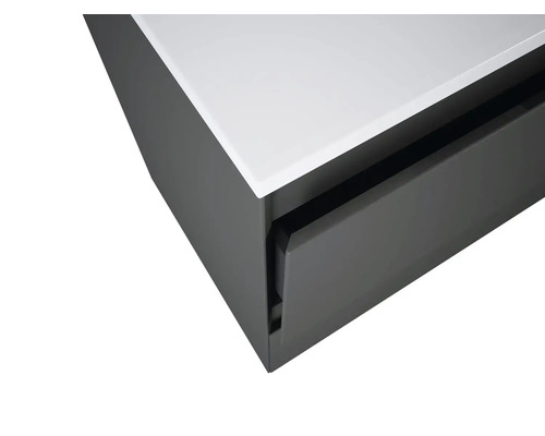 Imagine detaliată cu un dulap de baie sub lavoar cu sertar și blat de lavoar