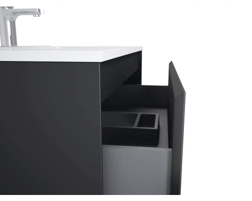 Imagine detaliată cu dulap de bază pentru lavoar cu sertar deschis și sifon