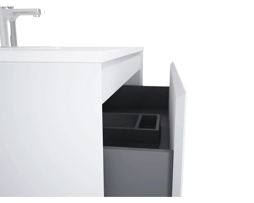Imagine detaliată a unui dulap de lavoar alb cu sertar deschis