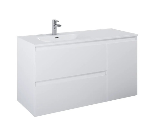 Dulap de lavoar alb cu două sertare și un compartiment de dulap, inclusiv robinet.