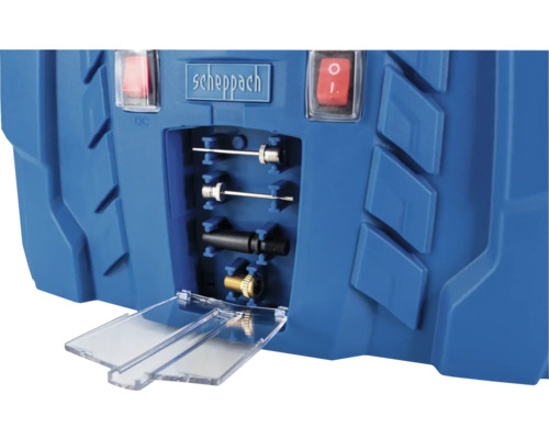 Logo Scheppach, compartiment de depozitare cu adaptoare pentru pompa de aer