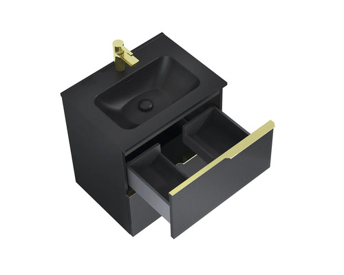 Mobilier de lavabo cu sertar deschis și baterie aurie