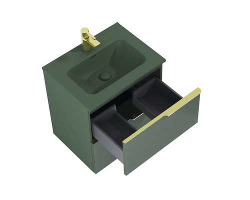 Mobilier de lavabou cu sertar deschis și robinet