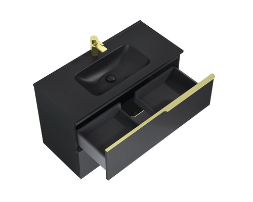 Lavoar cu dulap inferior, sertar deschis și baterie