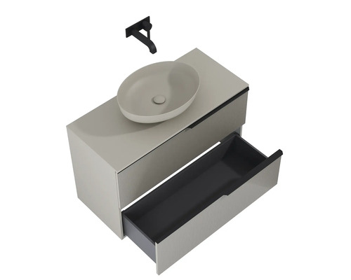 Combinație lavoar cu lavoar aplicat și sertar deschis, plus robinet de perete