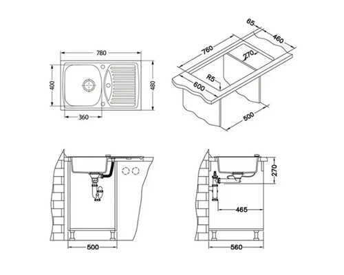Desen tehnic al unei chiuvete cu dimensiunile corespunzătoare.