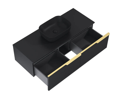 Dulap de bază pentru lavoar cu lavoar aplicat și sertare deschise