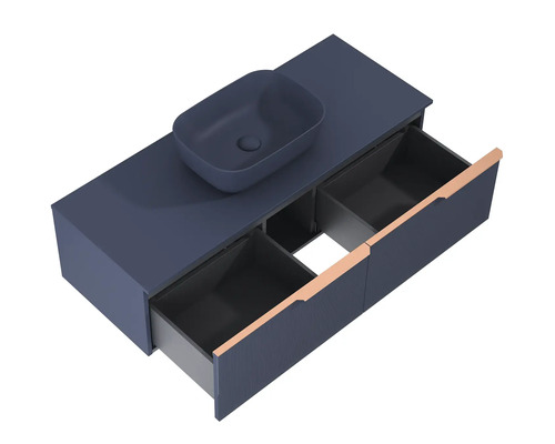 Dulap de lavoar cu lavoar așezat și sertare deschise