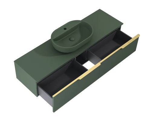 Mobilier de lavabou cu lavoar aplicat și sertare deschise