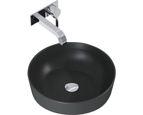 Lavoar negru așezat pe blat cu robinet