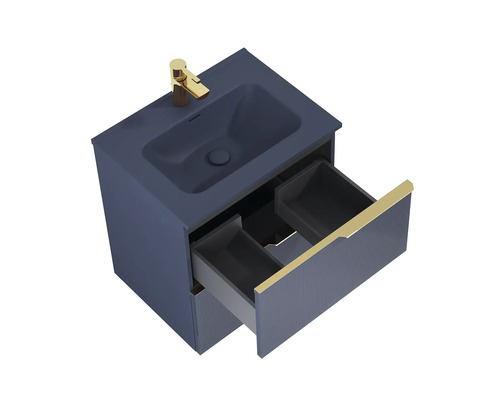 Dulap inferior de lavoar cu sertar deschis și baterie aurie