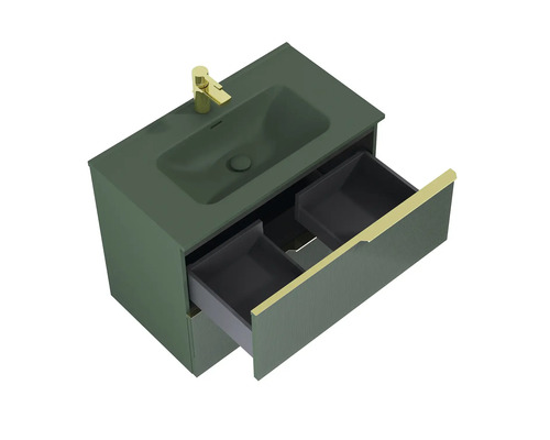 Dulap inferior pentru lavoar cu sistem de sertare deschise și lavoar așezat