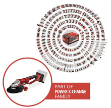 Polizor unghiular cu acumulator Einhell din familia Power X-Change cu acumulator și o selecție de alte dispozitive.