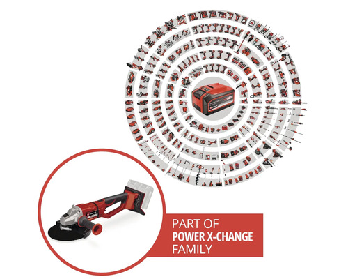 Polizor unghiular cu acumulator Einhell din familia Power X-Change cu acumulator și o selecție de alte dispozitive.