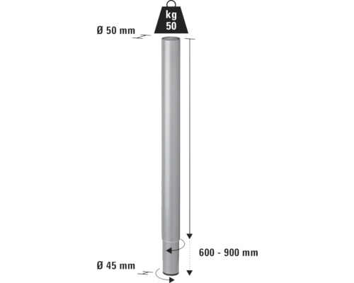 Desen tehnic al unui stâlp de susținere cu dimensiunile 50 de milimetri în diametru în partea superioară, 45 de milimetri în diametru în partea inferioară și 600 până la 900 de milimetri în lungime.
