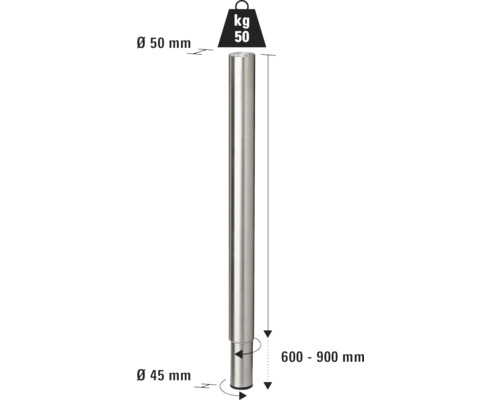 Picior de masă reglabil din oțel cu dimensiuni cuprinse între 600 și 900 de milimetri și o capacitate portantă de 50 de kilograme.