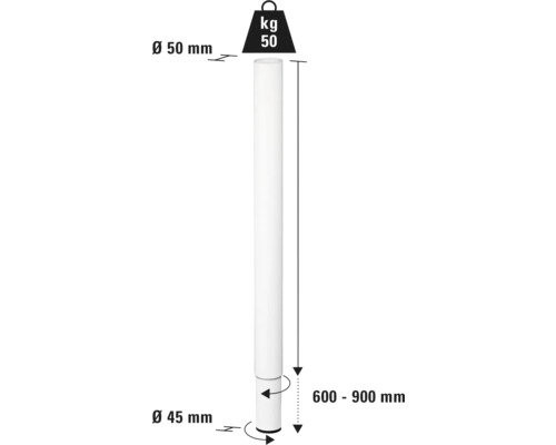 Desen tehnic al unui suport cu diametrul de 50 de milimetri în partea de sus și 45 de milimetri în partea de jos, și o înălțime de 600 până la 900 de milimetri, cu o capacitate portantă de 50 de kilograme.