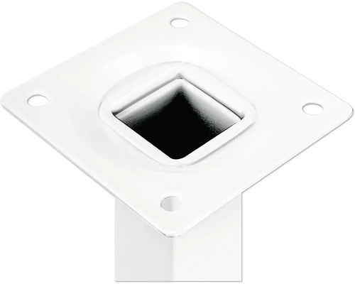 Imagine detaliată a unui picior de masă alb cu placă de montare pătrată și găuri pentru găurire