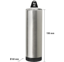 Picior de mobilier metalic cu dimensiuni de 60 mm în diametru și 190 mm înălțime, capacitate portantă de 75 kg