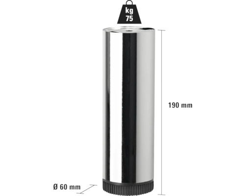 Picior de mobilier din metal, 190 mm înălțime, diametru 60 mm, capacitate portantă 75 kg