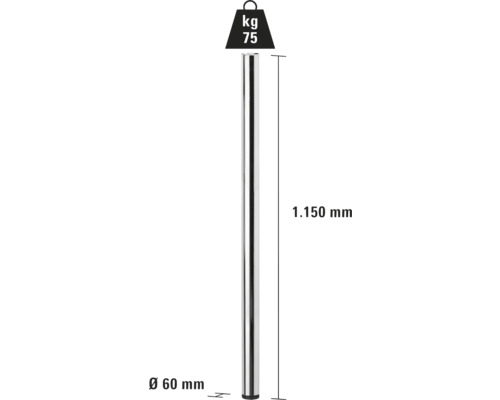 Imagine cu o bară de susținere cu dimensiunile de 1150 mm lungime și 60 mm diametru, capacitate maximă de încărcare de 75 kg.