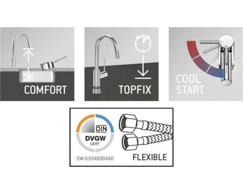 Caracteristici robinet confort pentru chiuvetă: confort, Topfix, pornire la rece, furtunuri flexibile