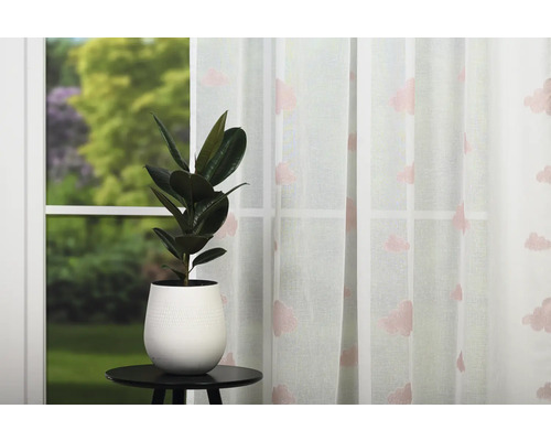 Vedere a camerei cu plantă în ghiveci pe măsuță laterală și decor de fereastră