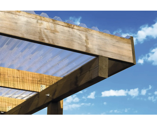 Construcție din lemn cu placă ondulată transparentă ca acoperiș