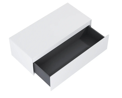 Dulap de bază alb pentru lavoar cu sertar deschis