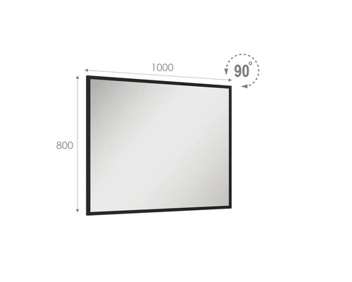 Oglindă dreptunghiulară cu dimensiunile de 1000 pe 800 milimetri și un unghi de 90 de grade.