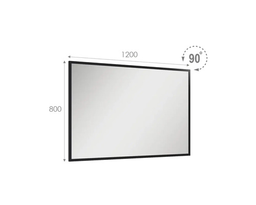 Oglindă dreptunghiulară cu dimensiunile 1200 pe 800 și un unghi de 90 de grade.