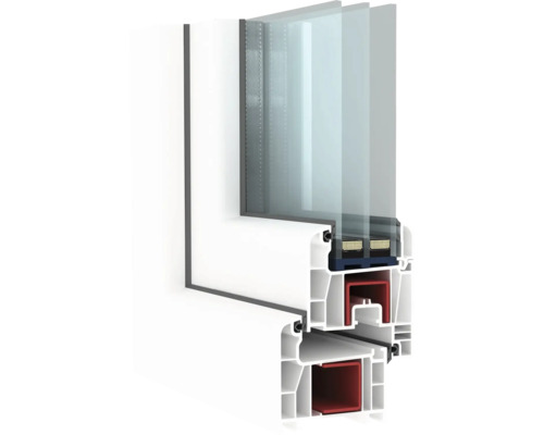 Secțiune transversală a unei ferestre din plastic cu geam triplu pentru a ilustra construcția.