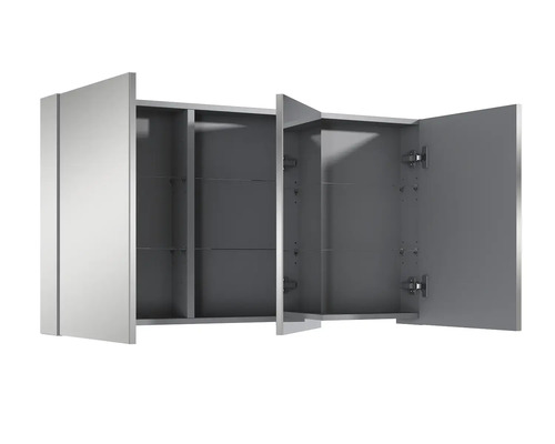 Dulap de oglindă deschis, cu trei uși și rafturi de sticlă pentru baie