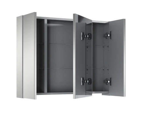 Dulap de oglindă deschis cu trei uși și rafturi