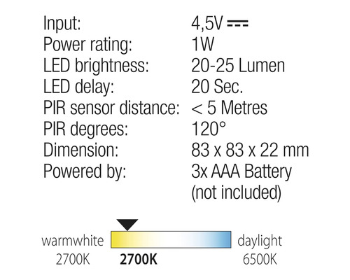 Lampă de veghe cu LED Q-Link 25lm, senzor de mișcare, fără baterii, negru, pachet 2 bucăți