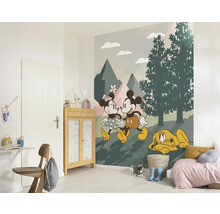 Cameră de copii cu un tapet cu motive de Mickey Mouse, Minnie Mouse și Pluto în fața unui peisaj montan