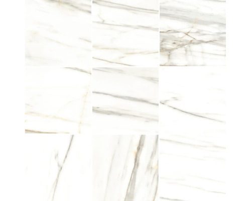 Nouă plăci albe cu aspect de marmură și nervuri gri.