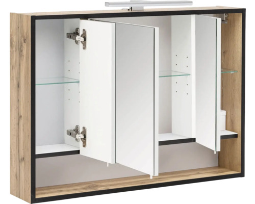 Dulap cu oglindă deschis cu rafturi din sticlă și iluminare