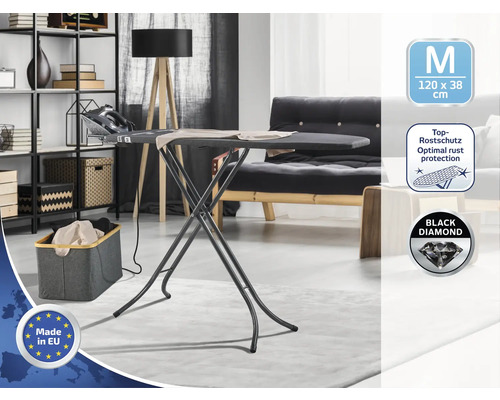 Masa de călcat cu suport pentru fierul de călcat în camera de zi, dimensiune 120 x 38 centimetri, sigiliul Fabricat în UE