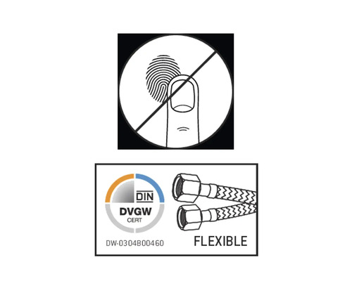 Simbol pentru a nu atinge și certificat DVGW pentru furtunuri flexibile