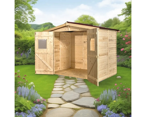 Căsuță de grădină din lemn cu uși și ferestre deschise într-o grădină.