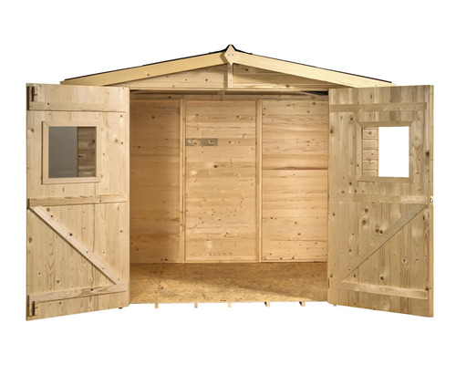 Cabana deschisă din lemn cu ferestre în uși