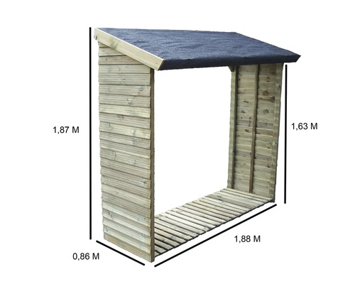 Depozit de lemne cu dimensiunile de 1,87 metri înălțime, 1,88 metri lățime, 1,63 metri înălțime și 0,86 metri adâncime