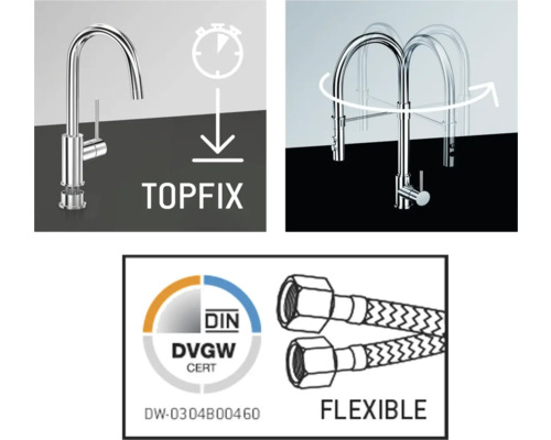 Caracteristici ale unei baterii de bucătărie: sistem Top-Fix, pivotant, certificat Deutsches Verein des Gas- und Wasserfaches, racord flexibil