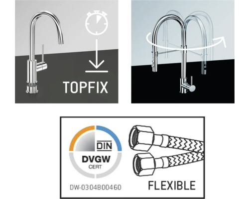 Caracteristici produs: Montare rapidă, robinet pivotant, certificare DIN DVGW, furtunuri flexibile
