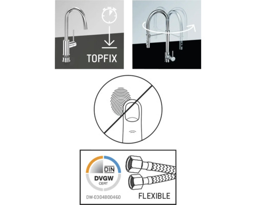 Caracteristici produs: Fixare Topfix, interval de pivotare, acoperire anti-amprentă, certificare DVGW, furtunuri de conectare flexibile