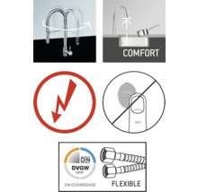 Caracteristicile produsului: robinet pivotant, zonă de confort, simbol fulger, simbol anti-amprentă, certificat Deutsches Vereinigung des Gas- und Wasserfaches, furtunuri flexibile