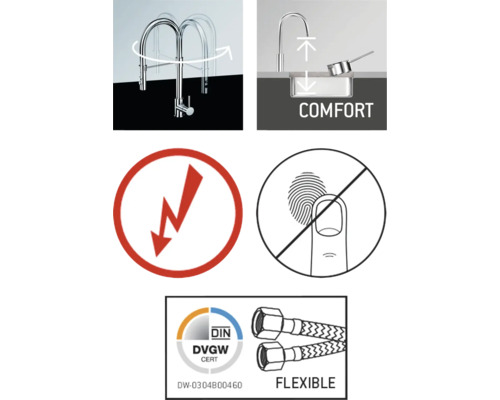 Caracteristicile produsului: robinet pivotant, zonă de confort, simbol fulger, simbol anti-amprentă, certificat Deutsches Vereinigung des Gas- und Wasserfaches, furtunuri flexibile