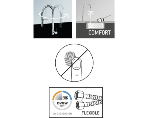 Caracteristicile produsului robinet de bucătărie: Zonă de pivotare, zonă de confort, fără amprente, certificat DVGW, furtunuri flexibile